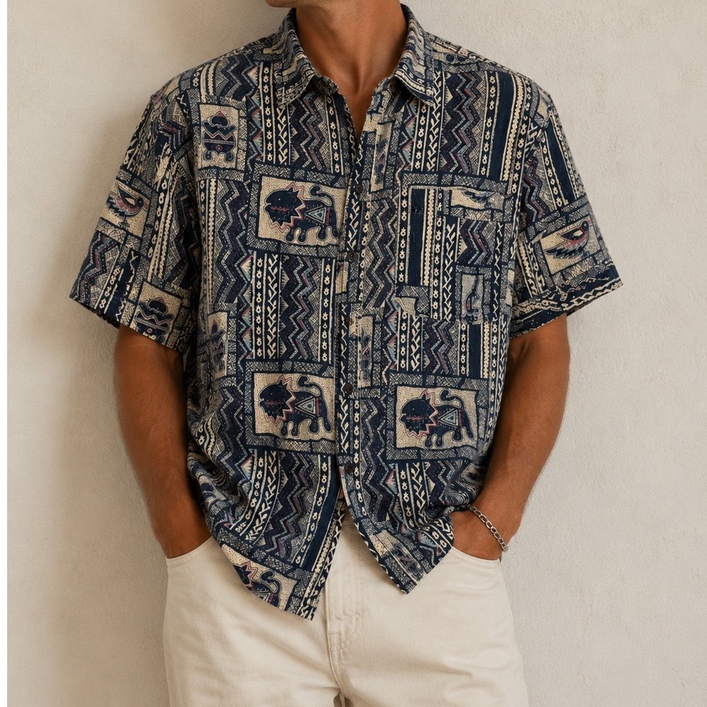 Saturdays NYC Tribal Geometric Print Button Down Shirt Mens Short Sleeve Navy e2